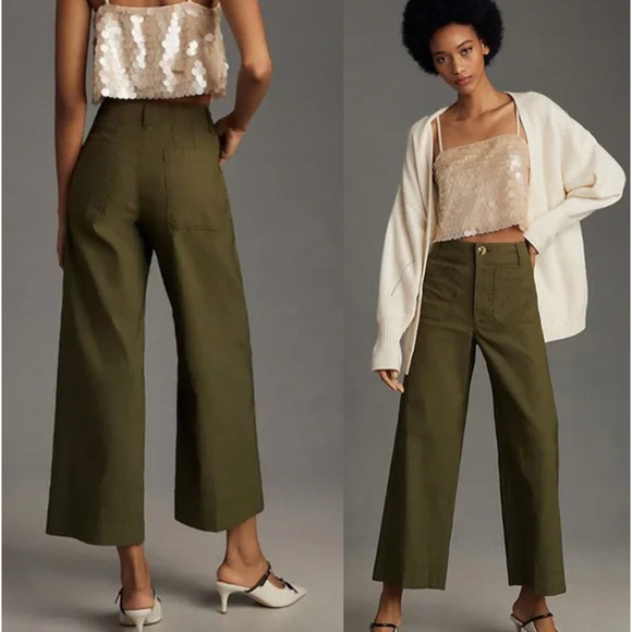 Nili Lotan 6 Megan Wide Leg High Rise Cotton Twill Pants Cropped Olive Green - Picture 1 of 6